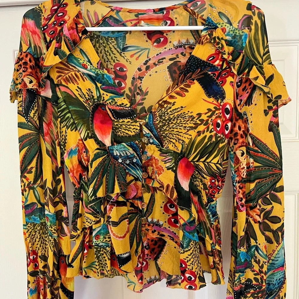 FARM Rio Yellow Gold Ruffled Fitted Blouse - Picture 1 of 4